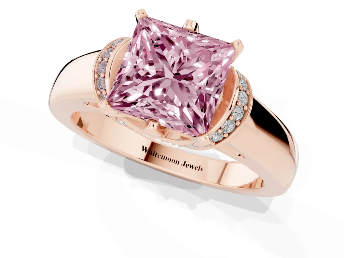 Fancy Pink Princess Cut Solitaire Diamond Ring with Pave Band and Six-Prong Setting Rose gold
