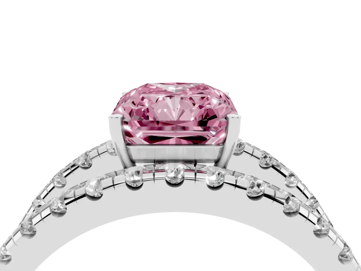 Fancy Pink Radiant Cut Solitaire Split Shank Pave Diamond Ring Silver