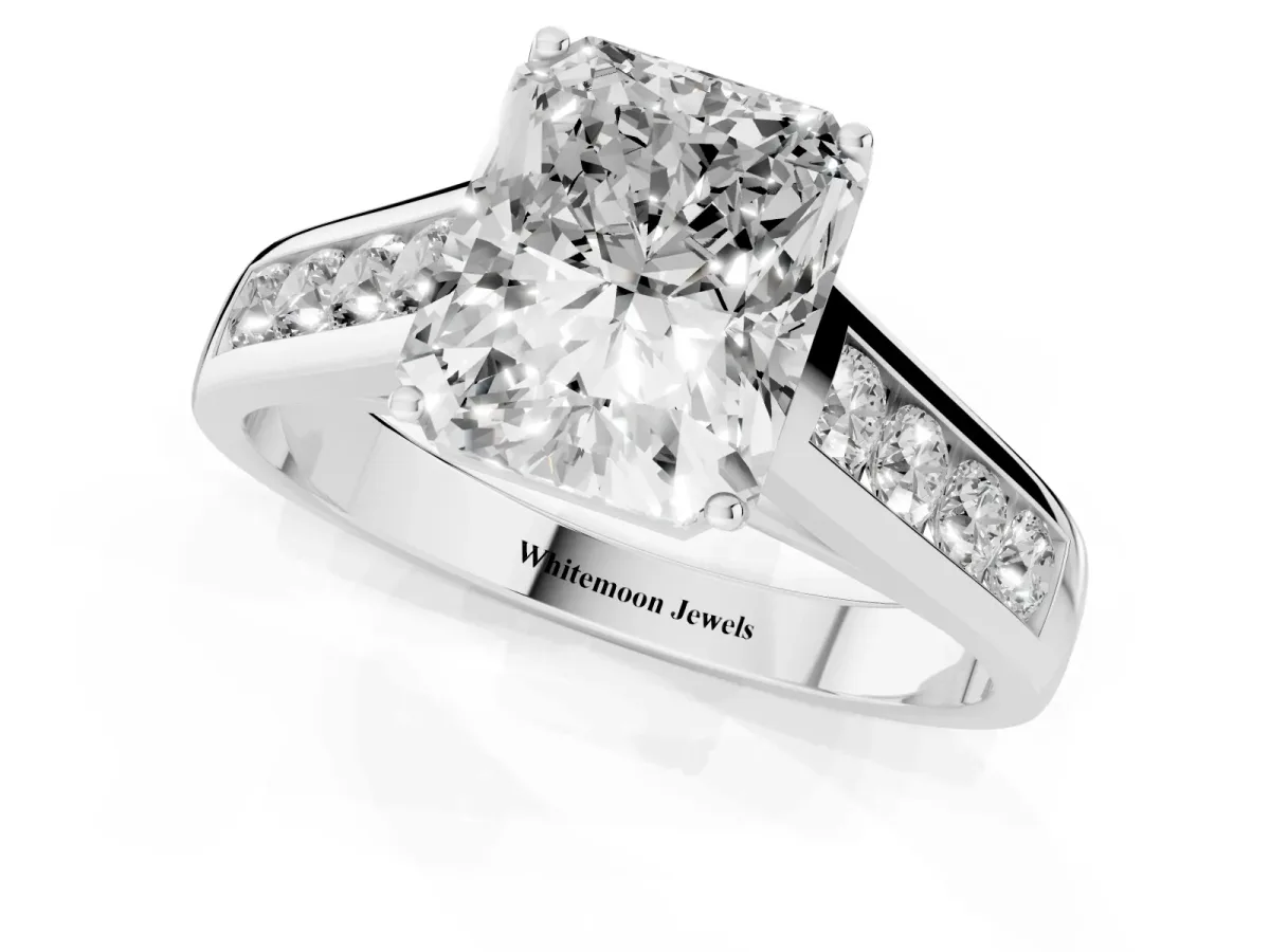 Radiant Cut Solitaire Channel-Set Diamond Engagement Ring with Four-Prong Setting Silver