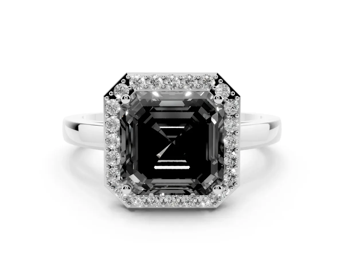 Fancy Black Asscher Cut Halo Diamond Ring with Solitaire Band and Prong Setting Silver
