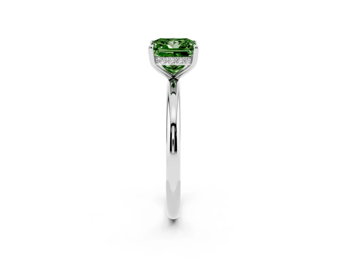 Fancy Green Princess Cut Diamond Solitaire Ring with Thin Band and Four-Prong Setting Silver