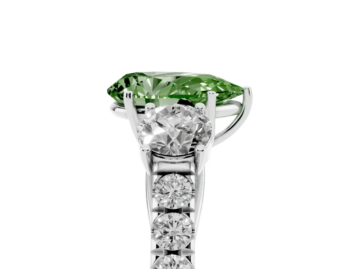 Fancy Green Pear Cut Cut Diamond Three-Stone Ring with Round Side Stones and Pavé Band Platinum