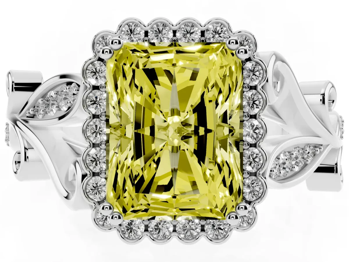 Fancy Yellow Radiant Cut Diamond Halo Ring with Vintage Split Shank and Four-Prong Setting Silver