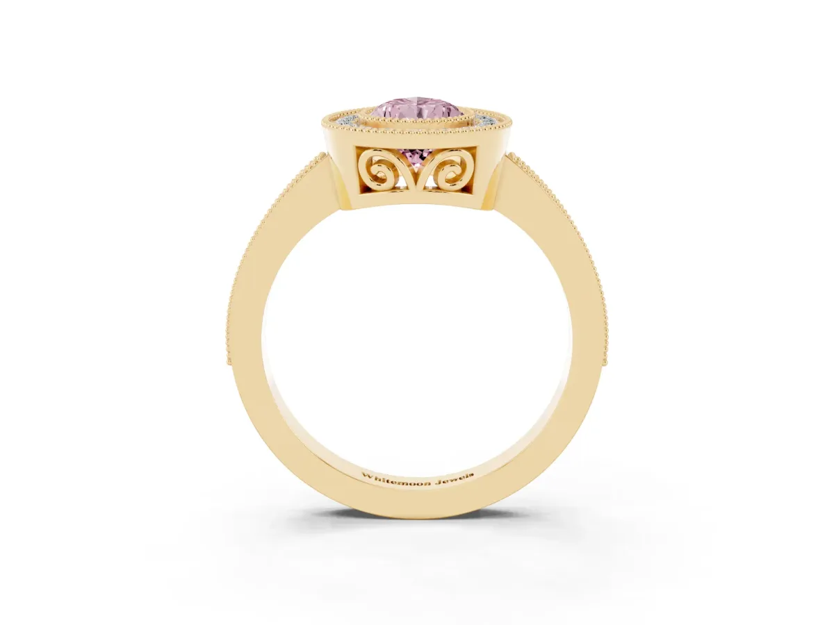 Fancy Pink Pear Cut Cut Halo Diamond Ring with Pavé Band and Milgrain Prong Setting Yellow gold