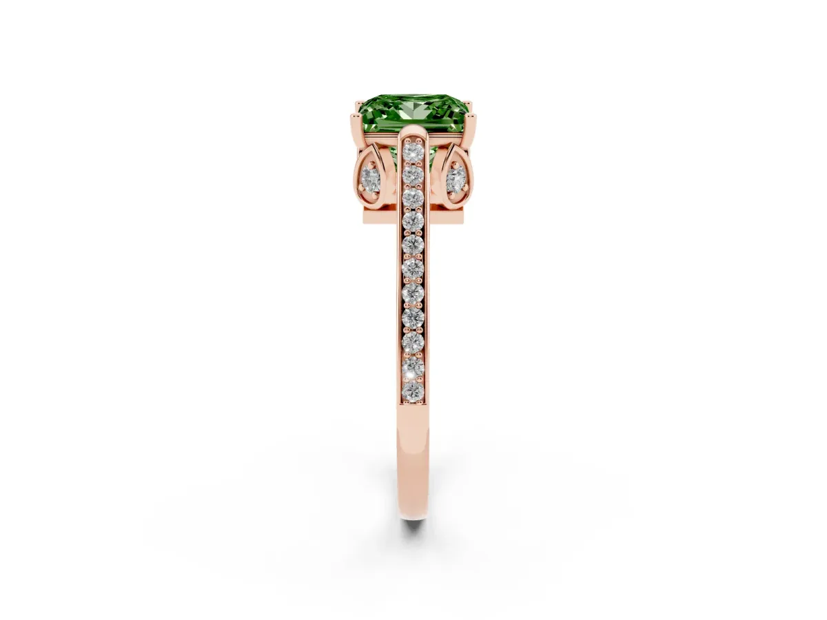 Fancy Green Princess Cut Cut Cathedral Pave Diamond Engagement Ring with Six-Prong Setting Rose gold