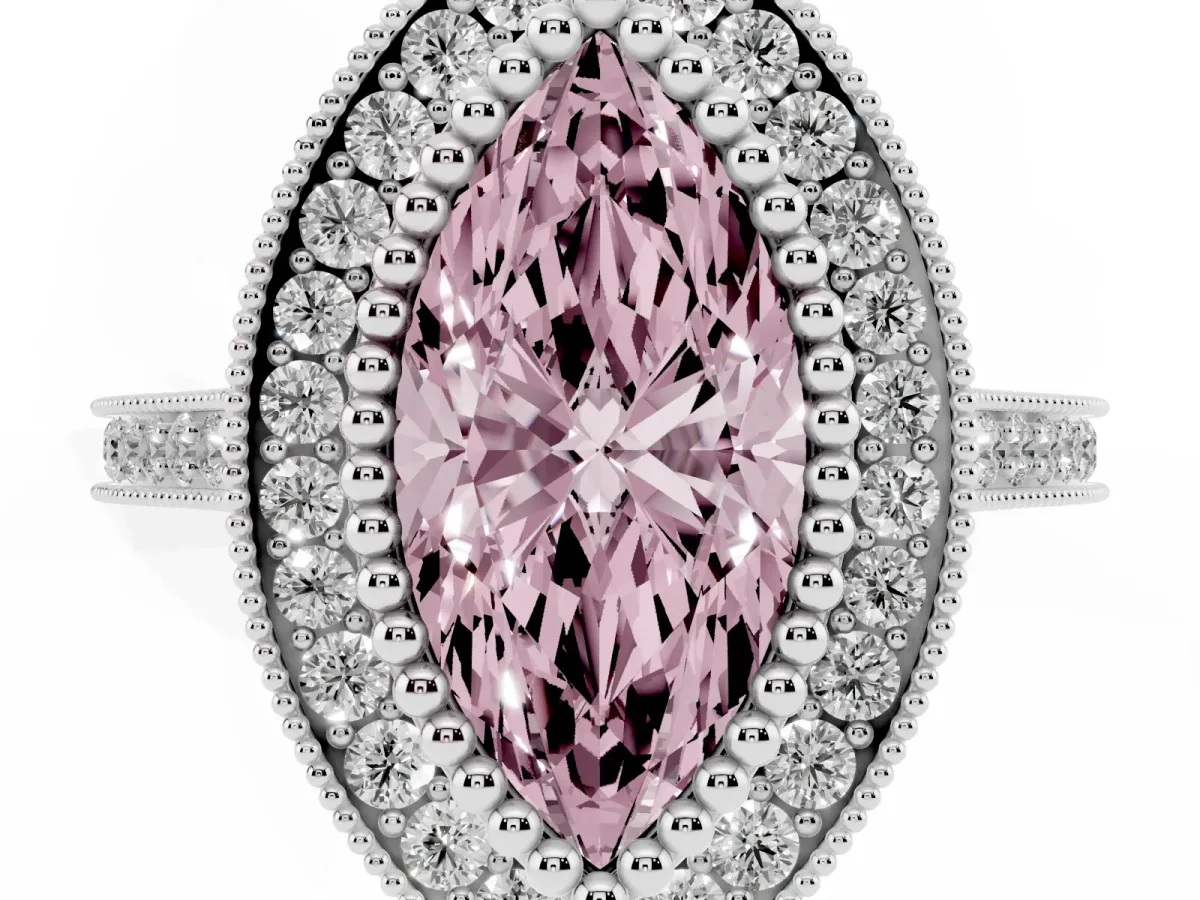 Fancy Pink Marquise Cut Diamond Halo Ring with Milgrain Frame and Pavé Band Platinum