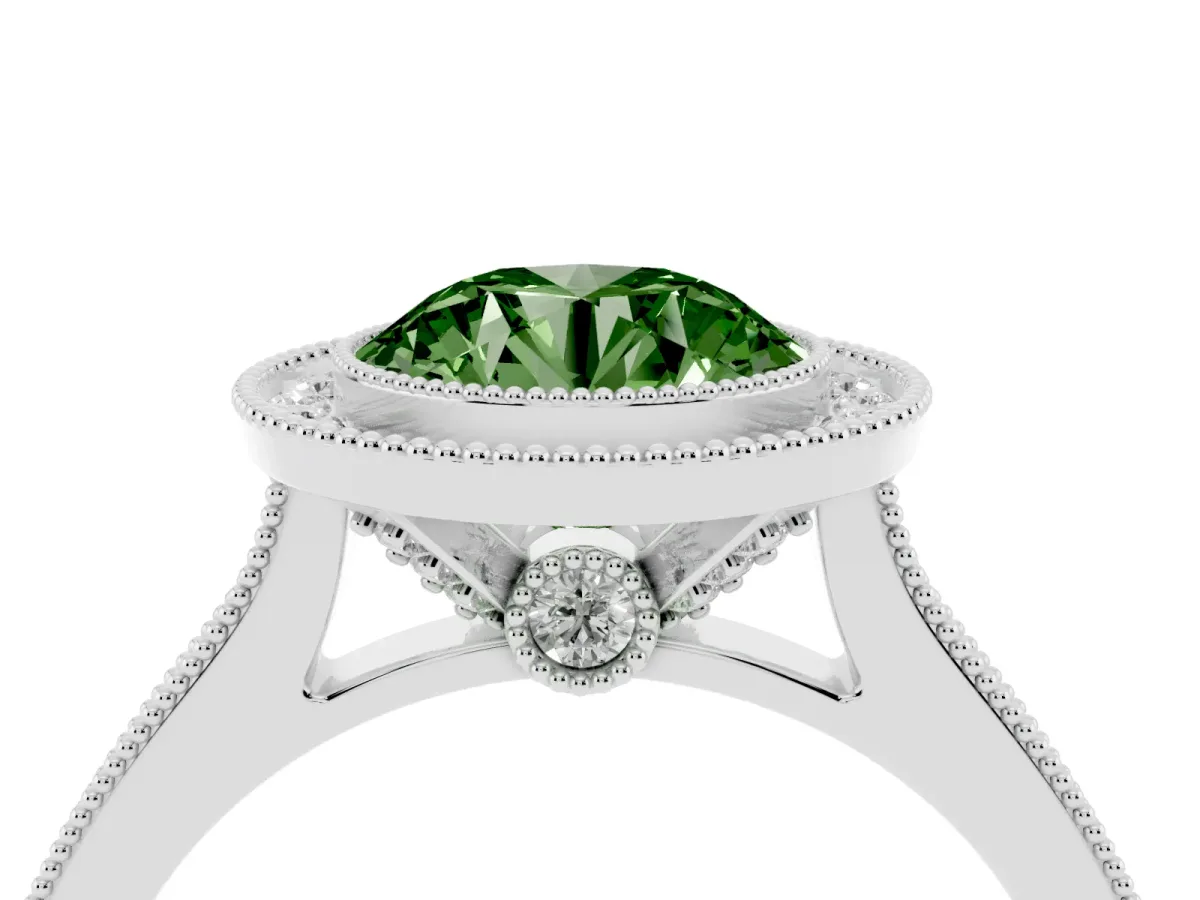 Fancy Green Halo Round Cut-Cut Diamond Pave Band Milgrain Prong Setting Ring Silver
