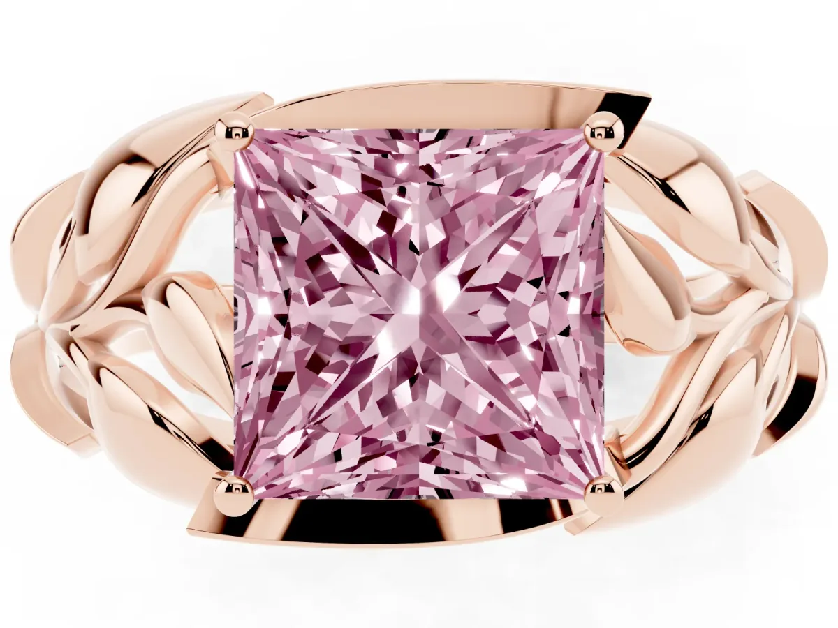 Fancy Pink Princess Cut Diamond Leaf-Inspired Engagement Ring with Round Accents and Prong Setting Rose gold