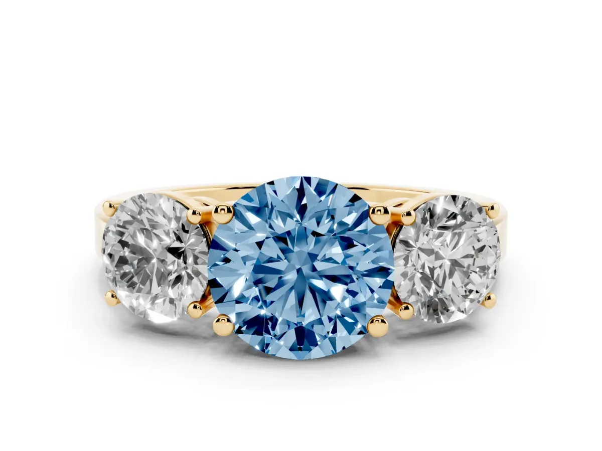 Fancy Blue Three-Stone Round Cut Cut Diamond Engagement Ring with Flat Band and Four-Prong Setting Yellow gold