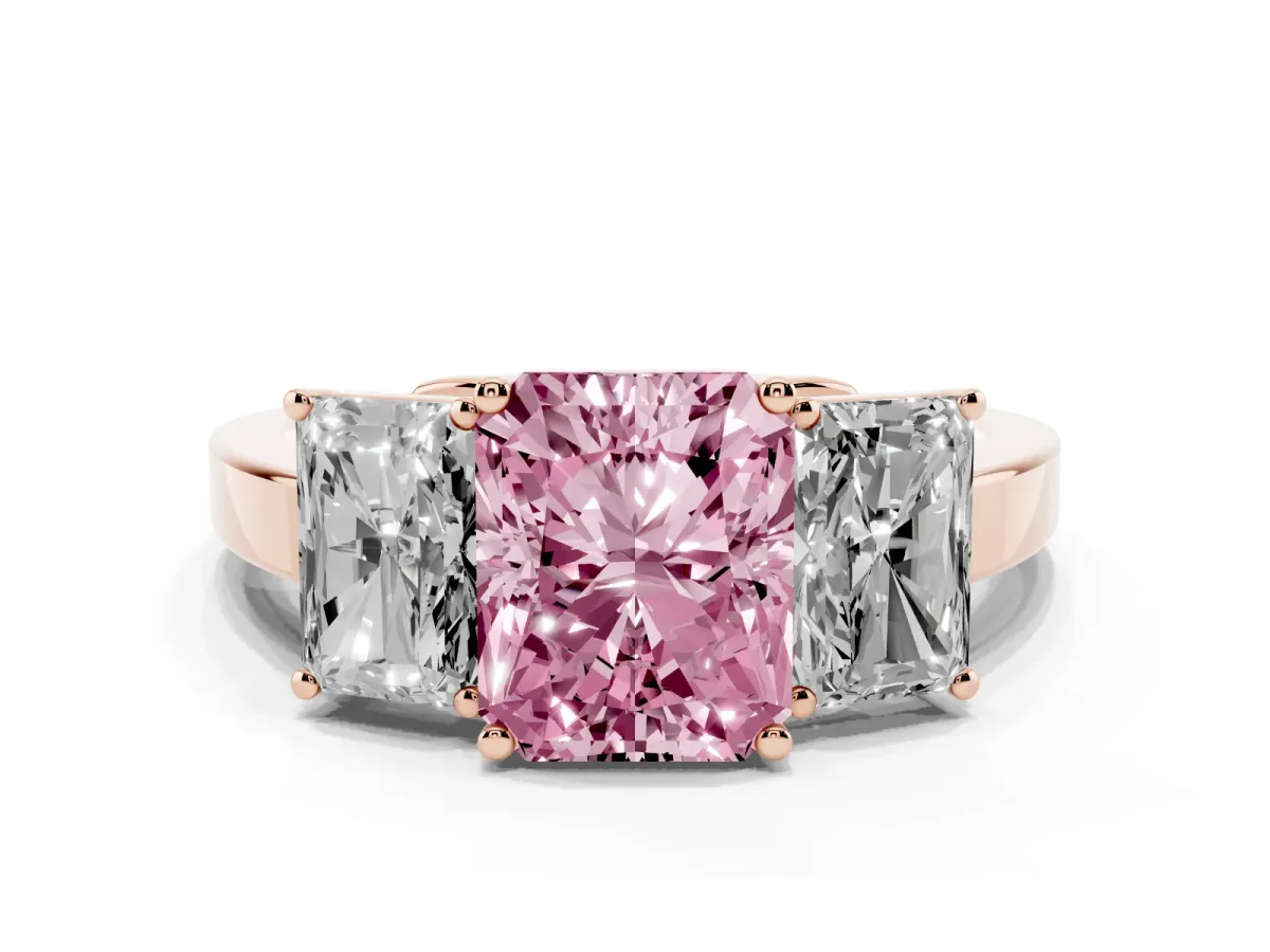 Fancy Pink Three-Stone Radiant Cut Cut Diamond Engagement Ring with Flat Band and Four-Prong Setting Rose gold