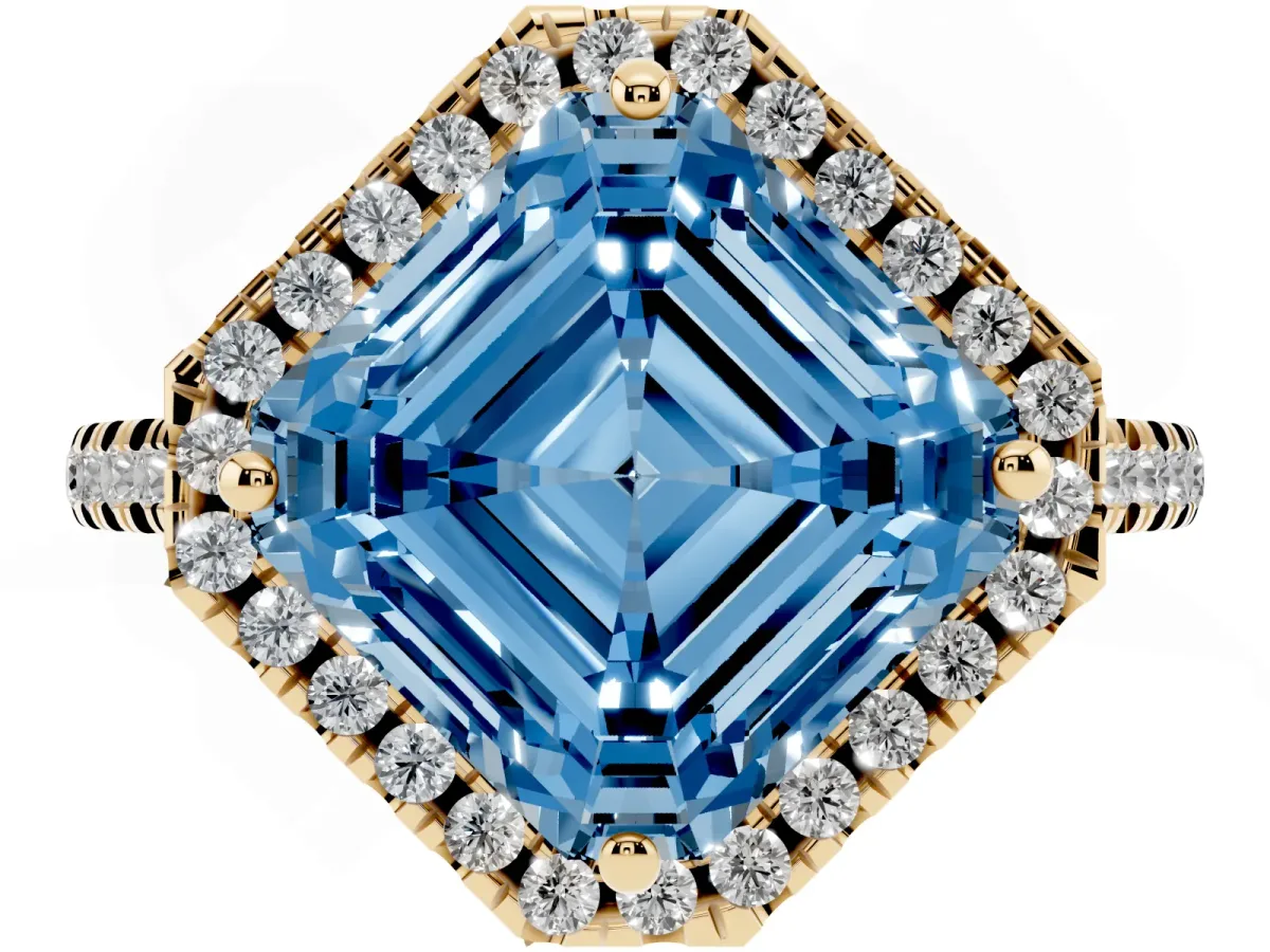 Fancy Blue Asscher Cut Diamond Cushion Halo Ring with Pavé Band Yellow gold
