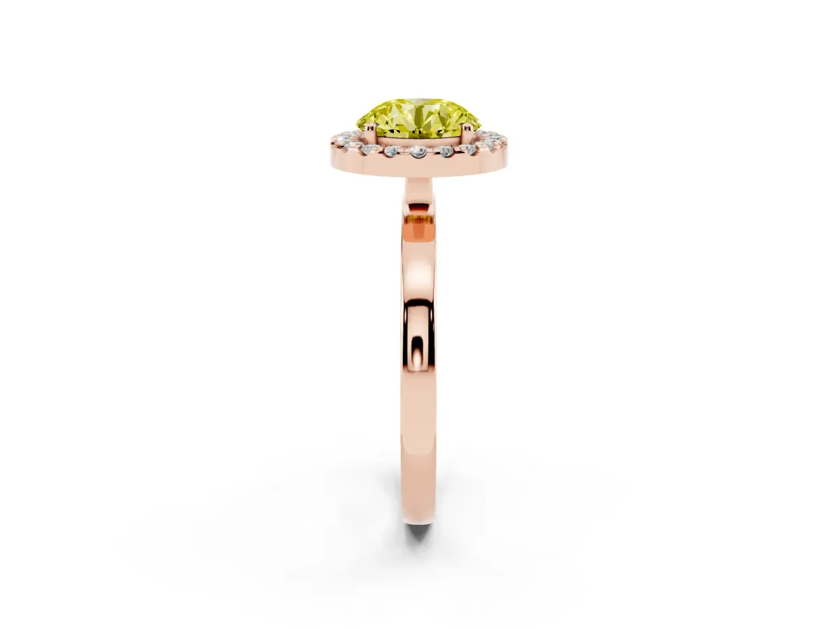 Fancy Yellow Round Cut Halo Diamond Solitaire with Pavé Band and Four-Prong Setting Rose gold