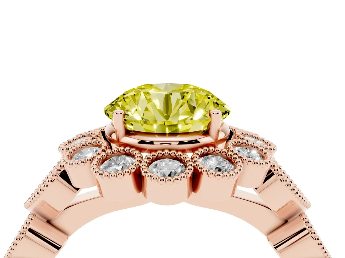 Fancy Yellow Round Cut Brilliant Milgrain Pave Heart Band Solitaire Ring Rose gold