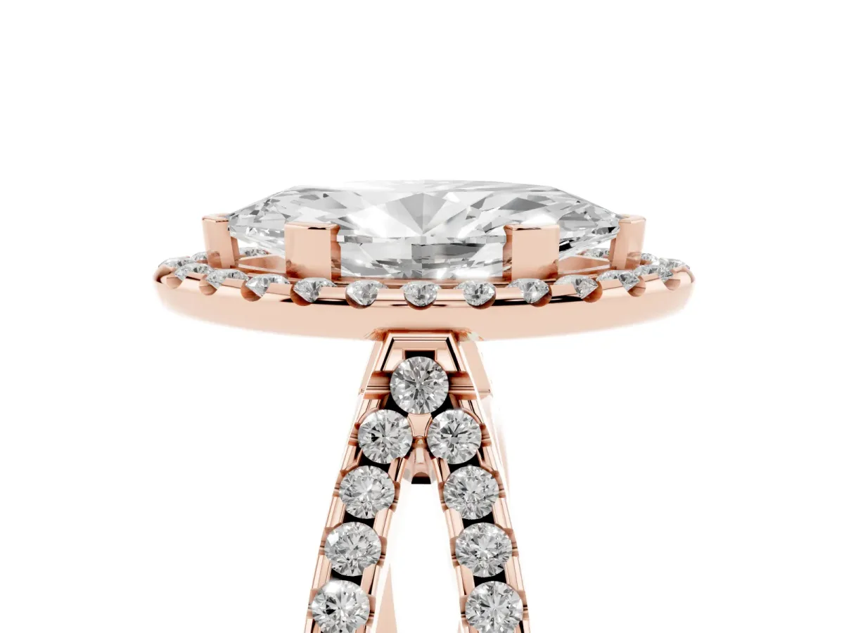 Marquise Cut Diamond Halo Ring with Split Shank Pavé Band and Prong Setting Rose gold