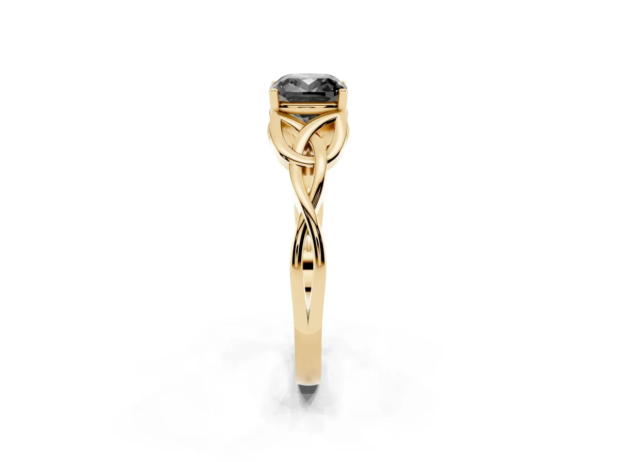 Fancy Black Cushion Cut Diamond Solitaire Engagement Ring with Celtic Knot Band and Four-Prong Setting Yellow gold