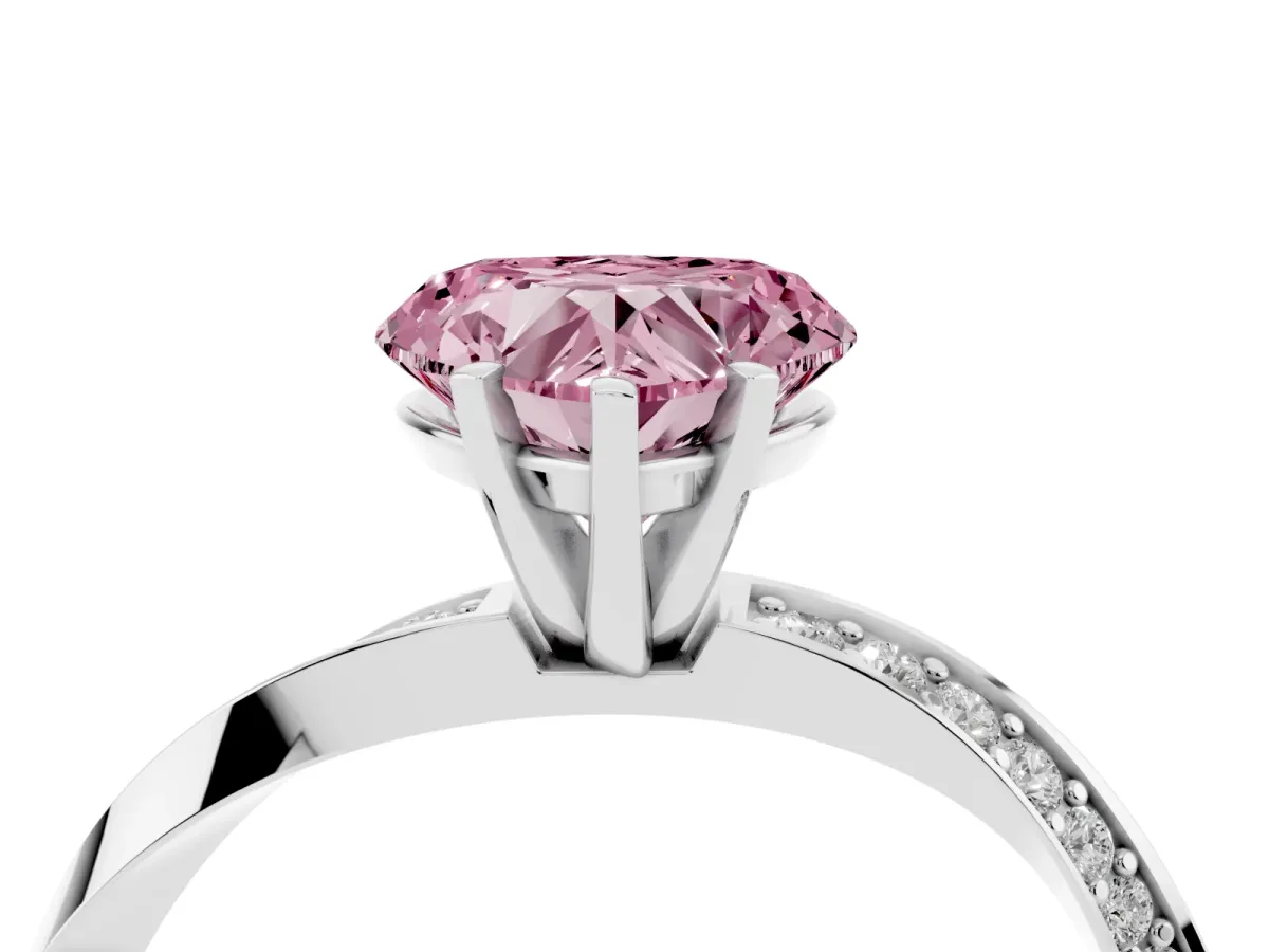 Fancy Pink Heart Cut Diamond Engagement Ring with Side Stone Accents and Four-Prong Setting Platinum