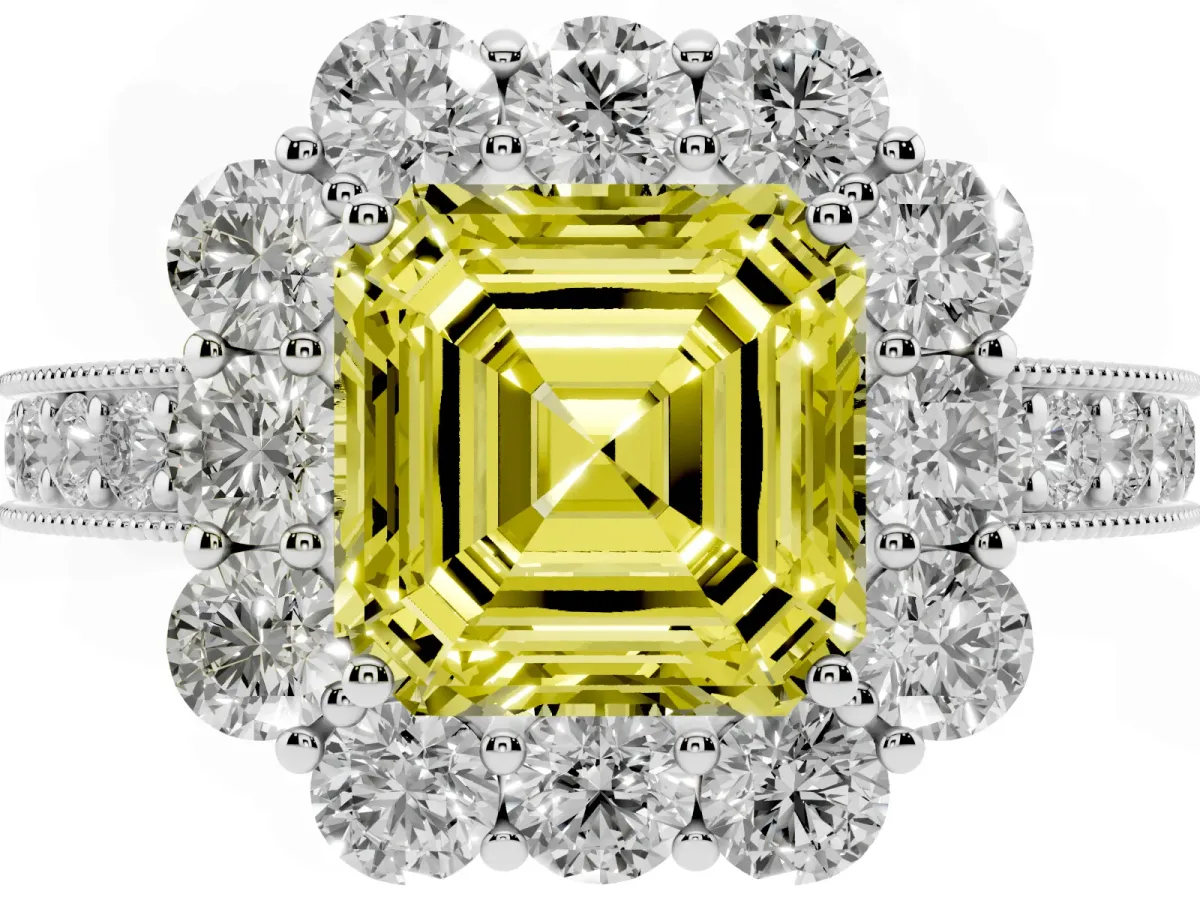 Fancy Yellow Asscher Cut Cut Halo Diamond Pavé Engagement Ring with Milgrain Detailing Platinum