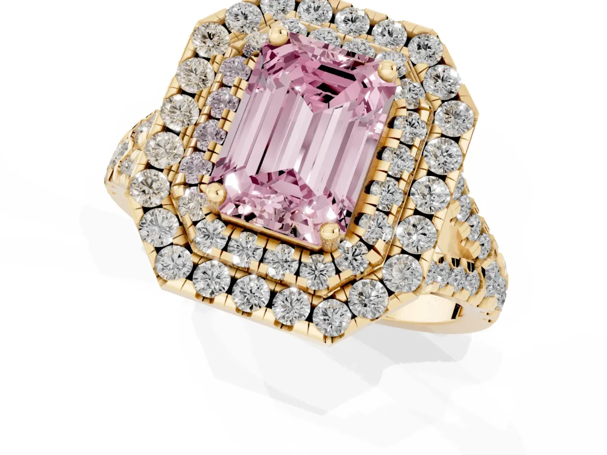 Fancy Pink Double Halo Emerald Cut Diamond Pavé Split Shank Ring with Prong Setting Yellow gold