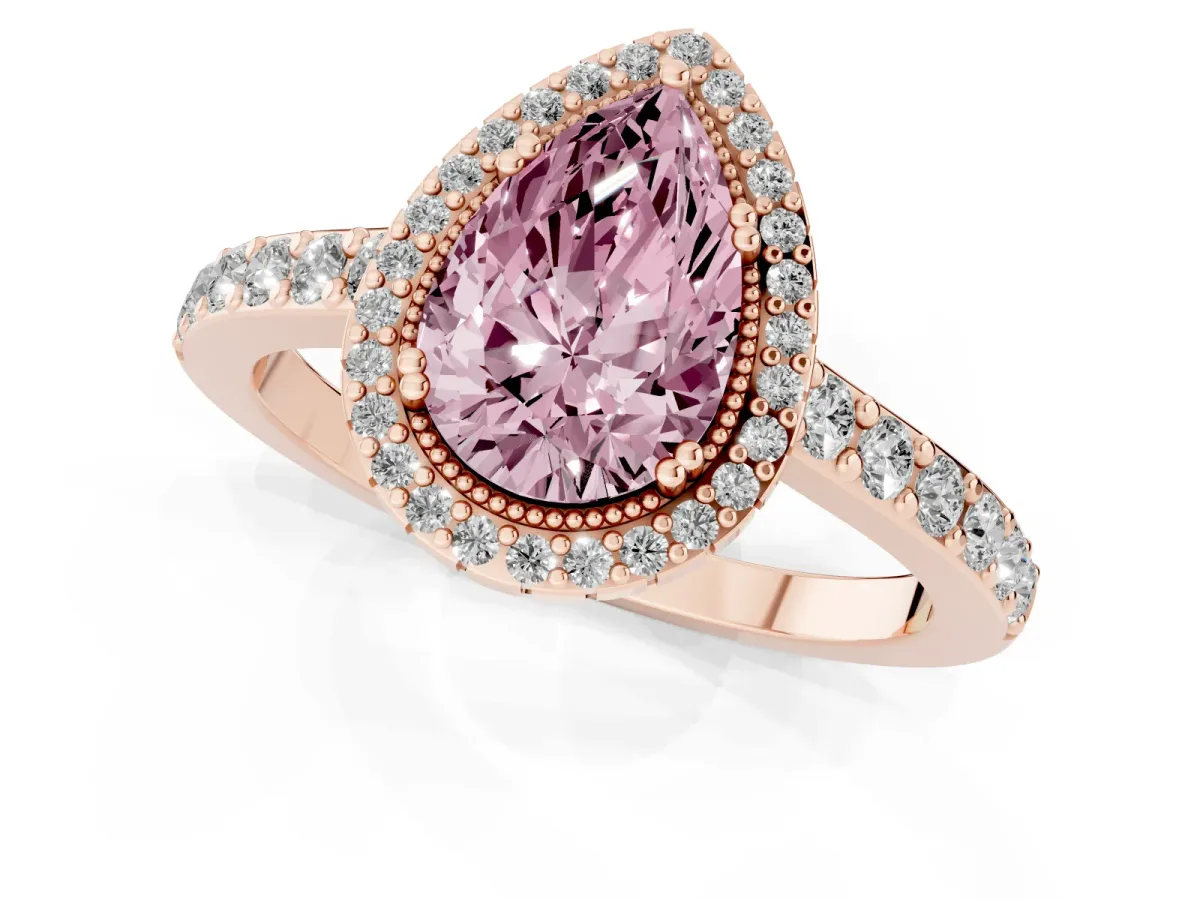 Fancy Pink Pear Cut Cut Diamond Halo Engagement Ring with Milgrain Detail and Pavé Band Rose gold