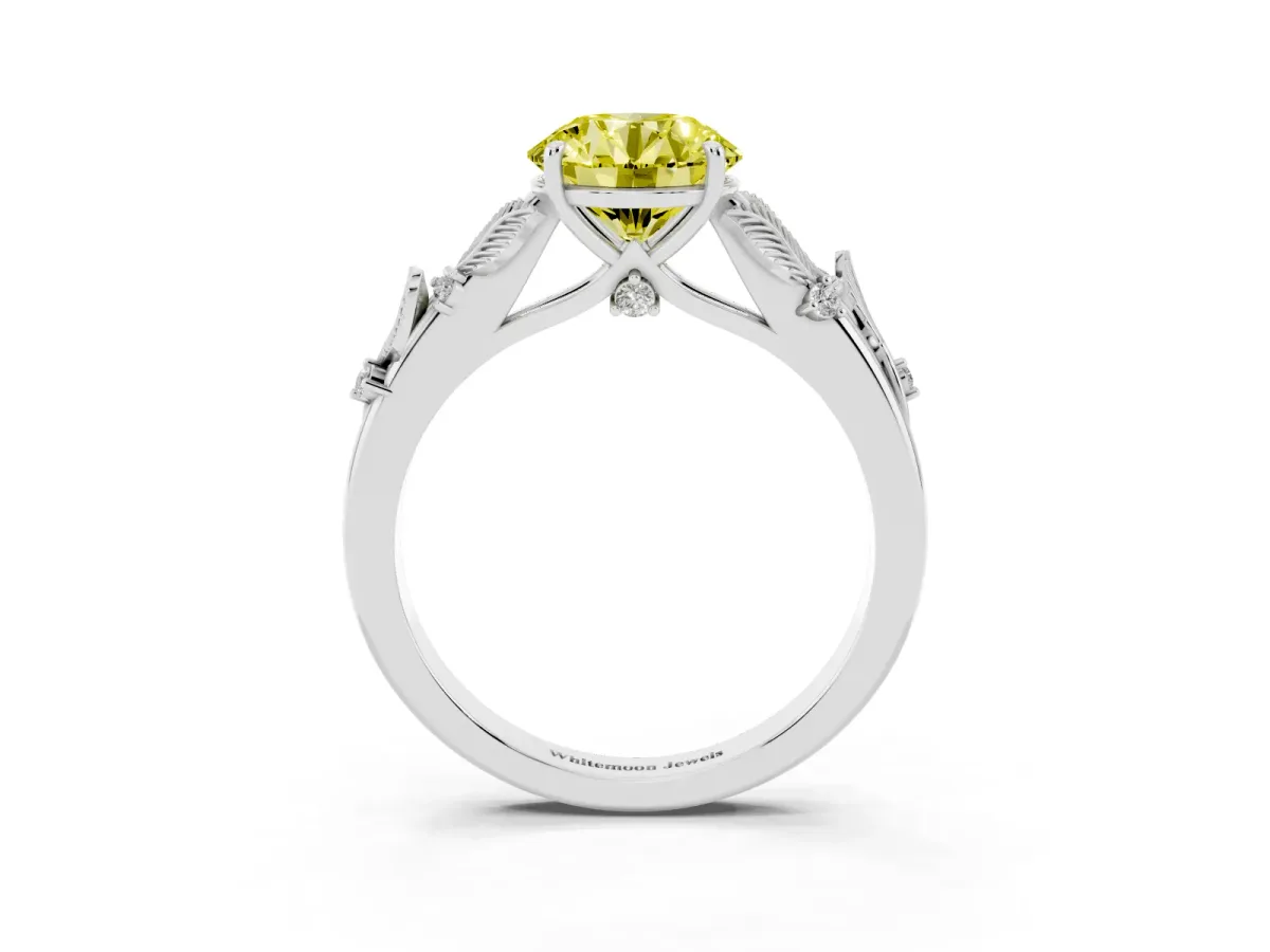 Fancy Yellow Round Cut Diamond Solitaire Ring with Leaf Motif Band and Four-Prong Setting Platinum
