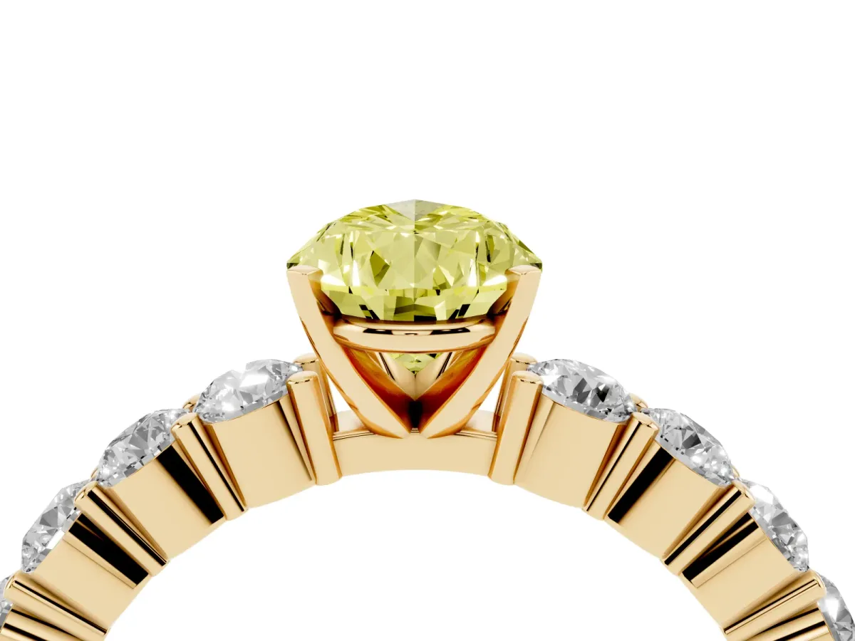 Fancy Yellow Pear Cut Diamond Solitaire Ring with Shared Prong Round Side Stones Yellow gold