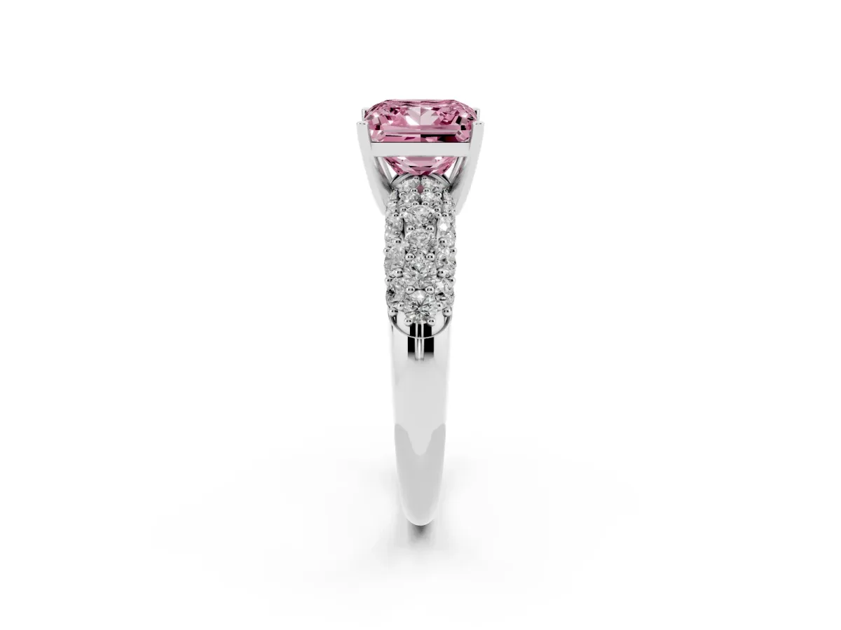 Fancy Pink Princess Cut Diamond Pavé Band Solitaire Ring with Four-Prong Setting Silver