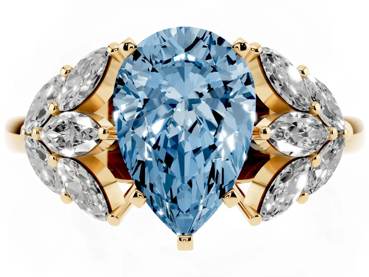 Fancy Blue Pear Cut Diamond Cluster Leaf Design Ring with Prong Setting Yellow gold