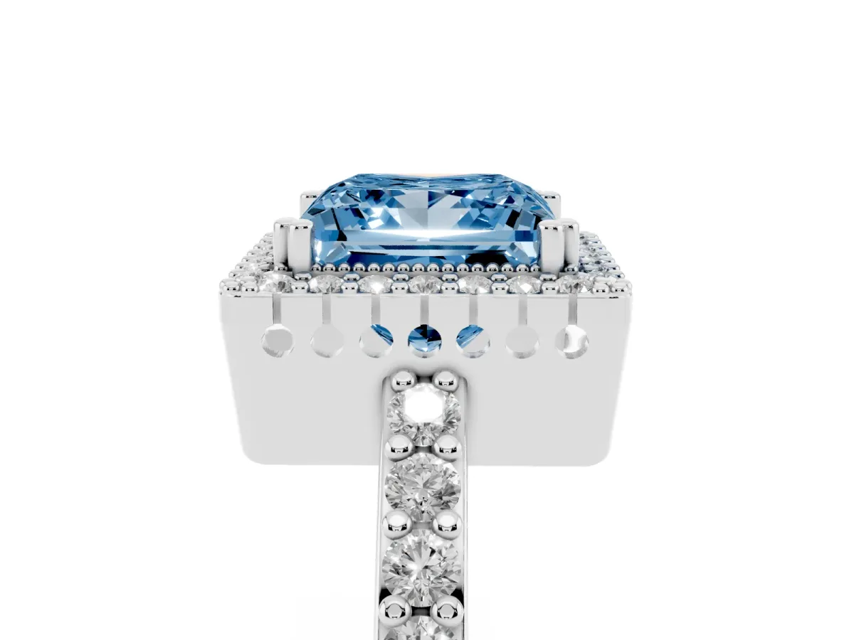 Fancy Blue Princess Cut Cut Diamond Halo Engagement Ring with Milgrain Detail and Pavé Band Platinum