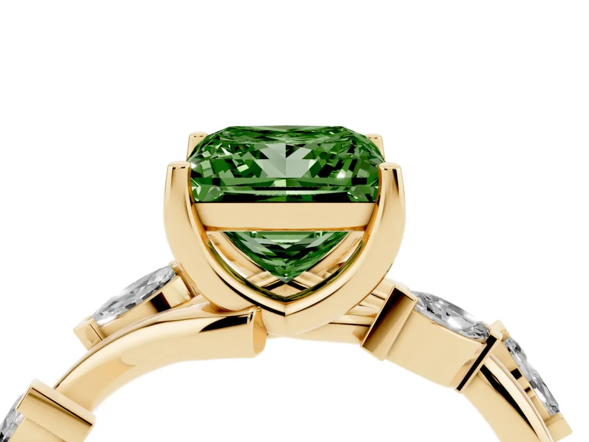Fancy Green Princess Cut Solitaire Twisted Band Marquise Accent Prong Setting Ring Yellow gold