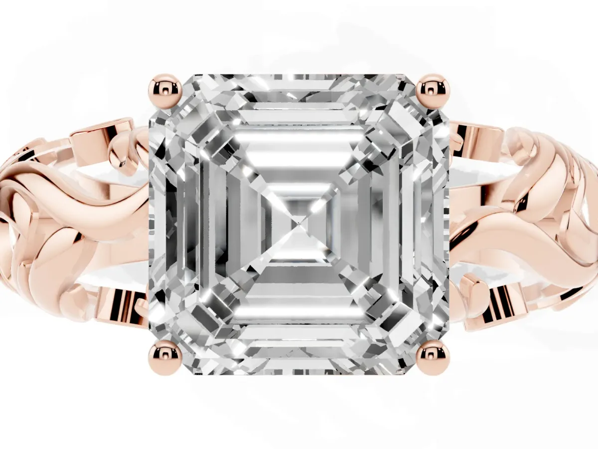 Asscher Cut Solitaire Diamond Leaf-Inspired Vine Band Ring with Prong Setting Rose gold