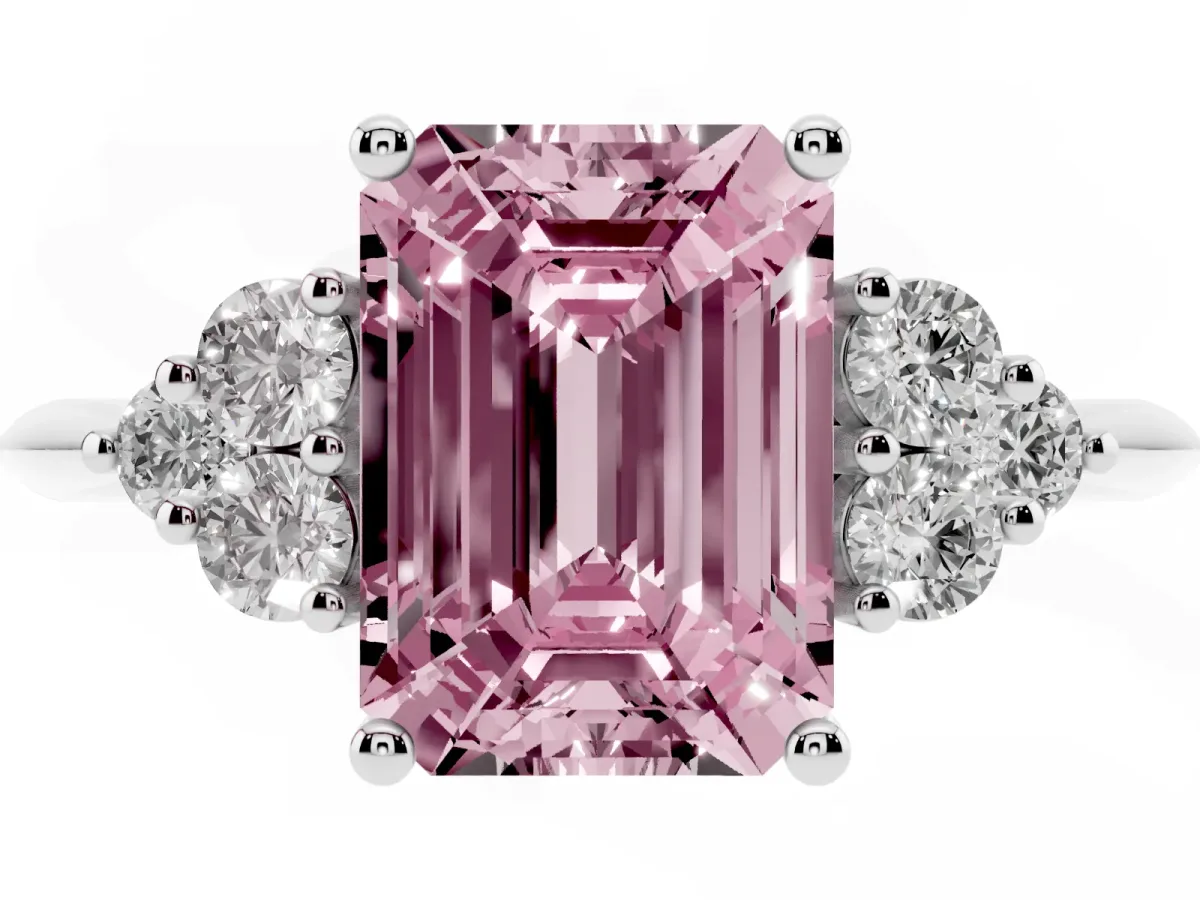 Fancy Pink Emerald Cut Cut Diamond Cluster Ring with Solitaire Band and Four-Prong Setting Silver