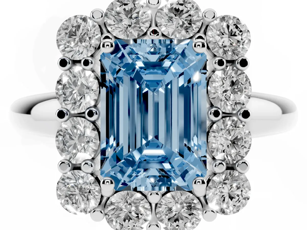 Fancy Blue Emerald Cut Halo Cluster Diamond Engagement Ring with Prong Setting and Polished Band Silver
