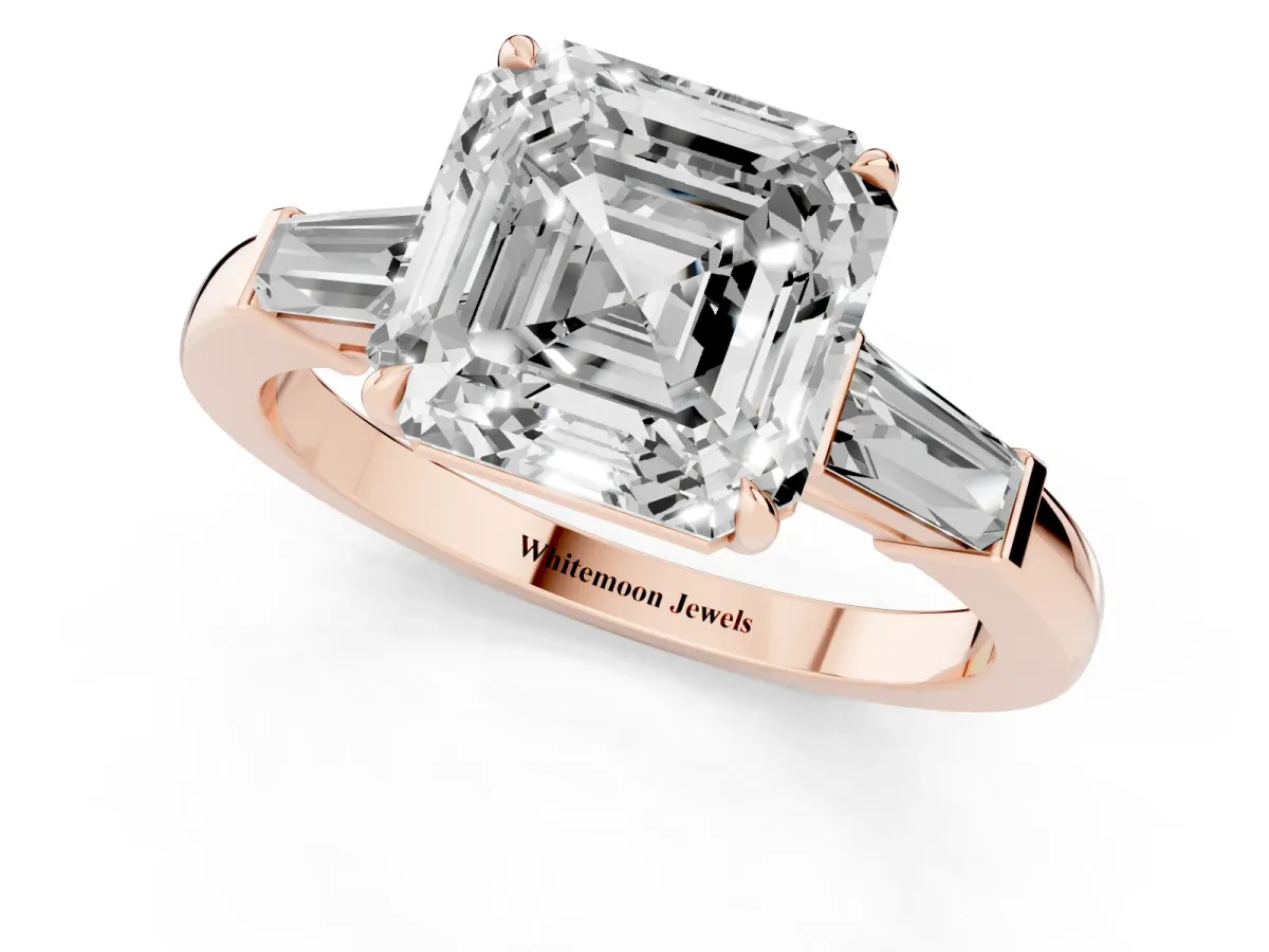 Asscher Cut Diamond Three-Stone Ring with Tapered Baguette Side Stones and Prong Setting Rose gold
