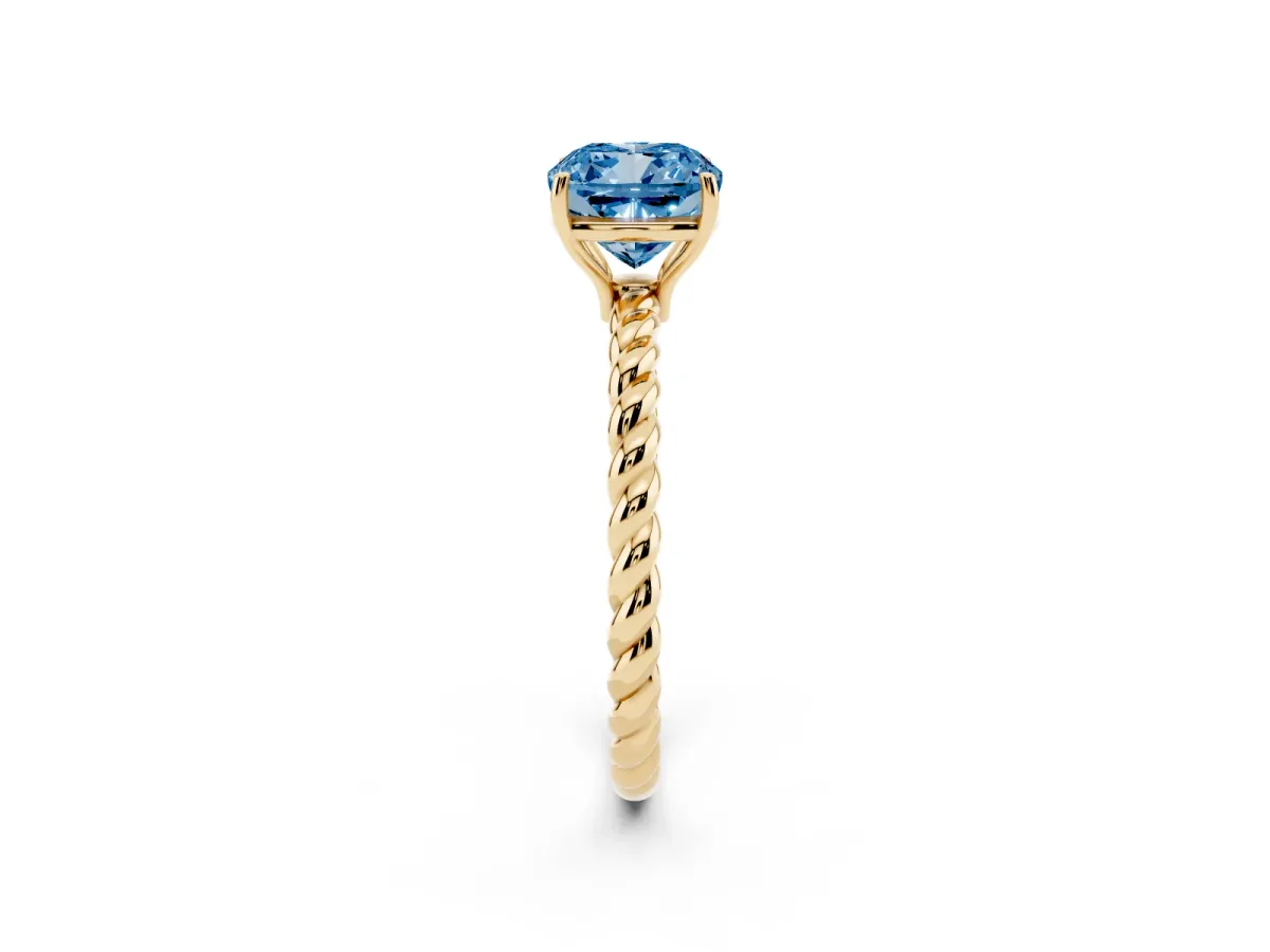 Fancy Blue Cushion Cut Solitaire Twisted Band 4-Prong Ring Yellow gold