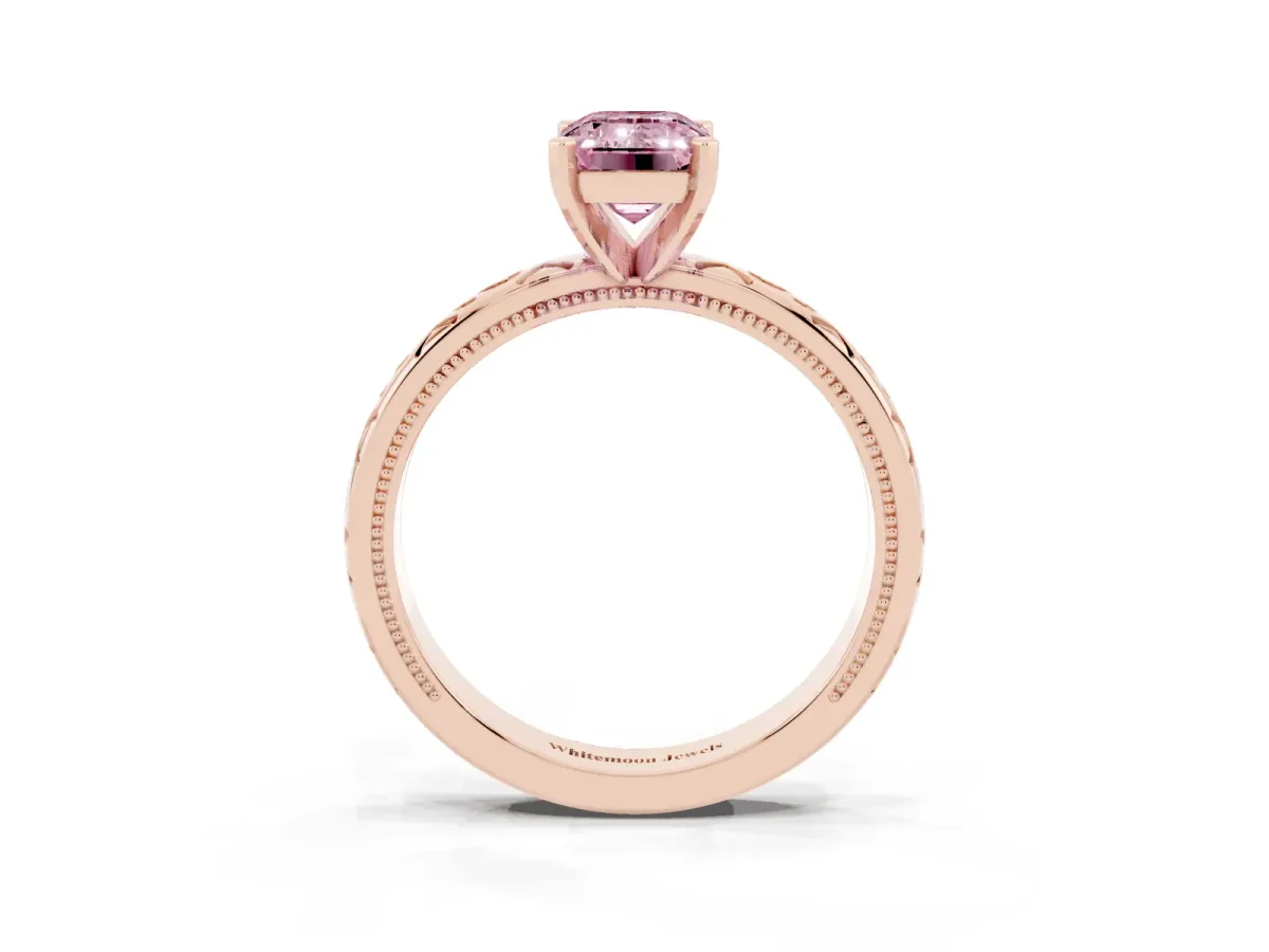 Fancy Pink Emerald Cut Solitaire Engagement Ring with Scrollwork Band and Four-Prong Setting Rose gold