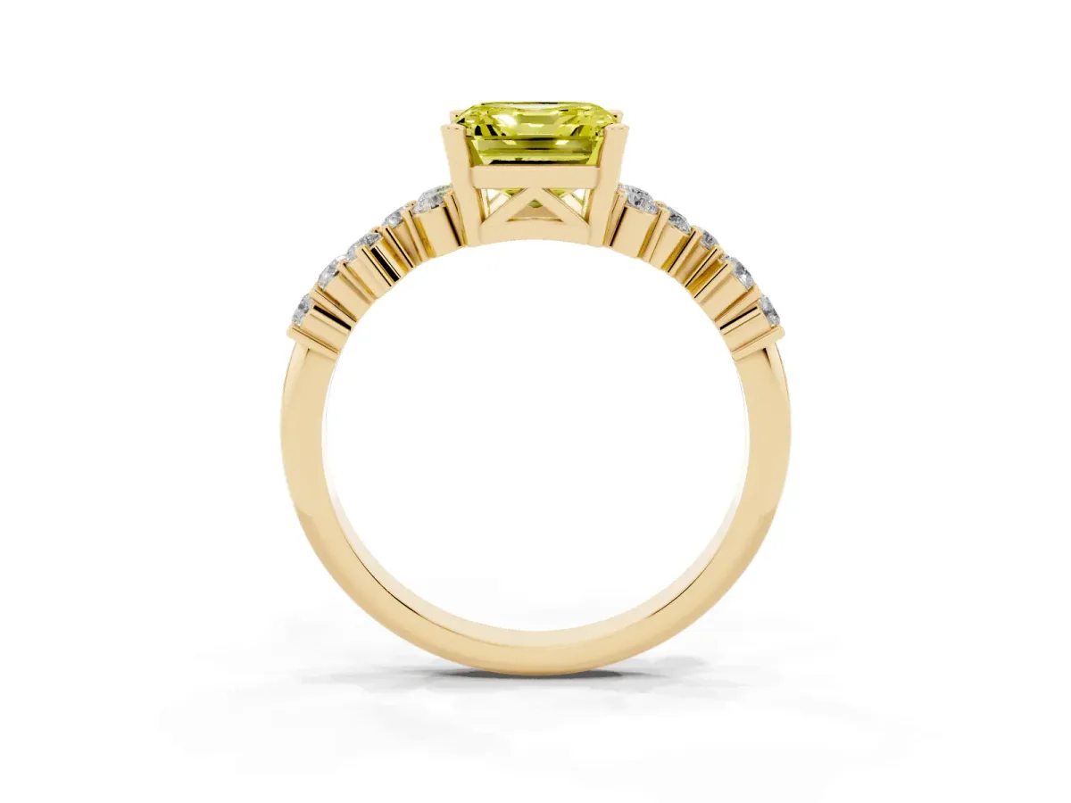 Fancy Yellow Asscher Cut Diamond Scattered Round Accent Ring with Prong Setting Yellow gold