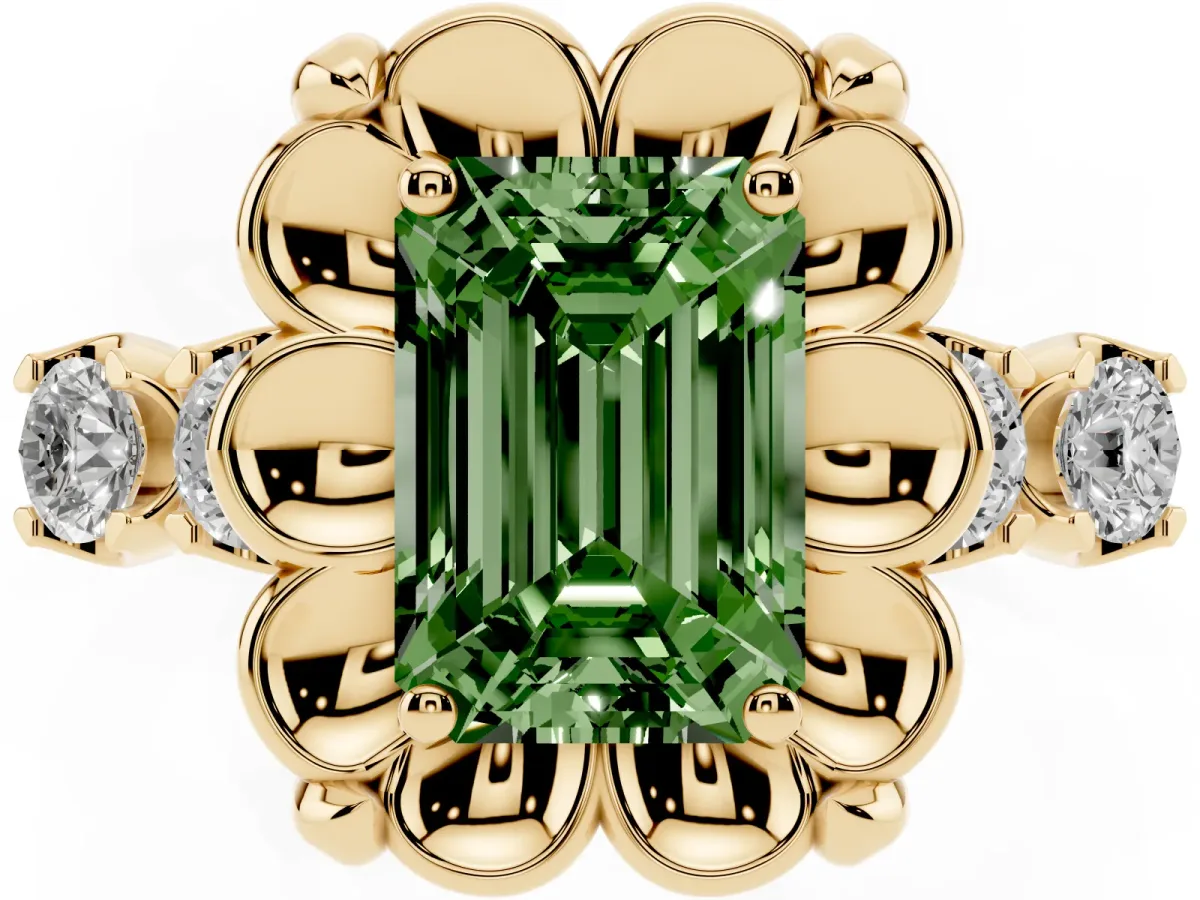 Fancy Green Emerald Cut Cut Diamond Floral Halo Engagement Ring with Shared Prong Setting Yellow gold