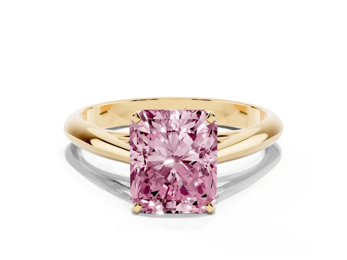 Fancy Pink Radiant Cut Diamond Solitaire Engagement Ring with Cathedral Setting and Four-Prong Mount Yellow gold