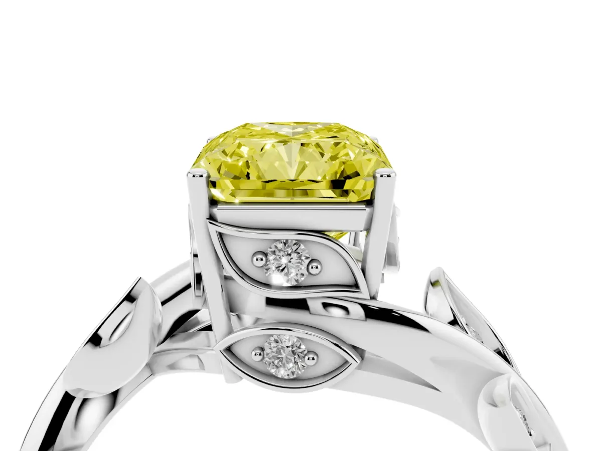 Fancy Yellow Radiant Cut Solitaire Twist Engagement Ring with Leaf Accents and Prong Setting Silver