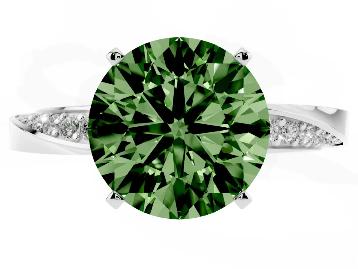 Fancy Green Round Cut Diamond Engagement Ring with Side Stone Accents and Four-Prong Setting White gold
