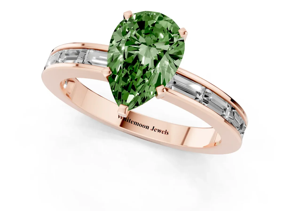 Fancy Green Pear Cut Solitaire Diamond Ring with Channel-Set Baguette Band and Four-Prong Setting Rose gold
