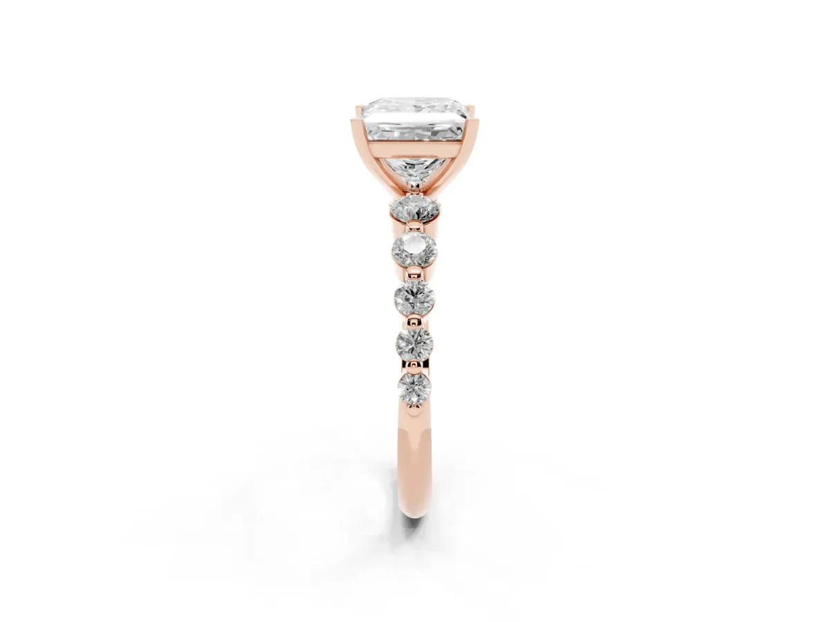 Princess Cut Solitaire Diamond Ring with Pave Band and Four-Prong Setting Rose gold