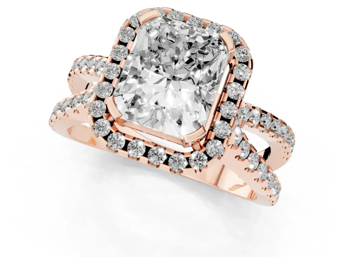 Radiant Cut Diamond Halo Ring with Split Shank Pavé Band and Prong Setting Rose gold