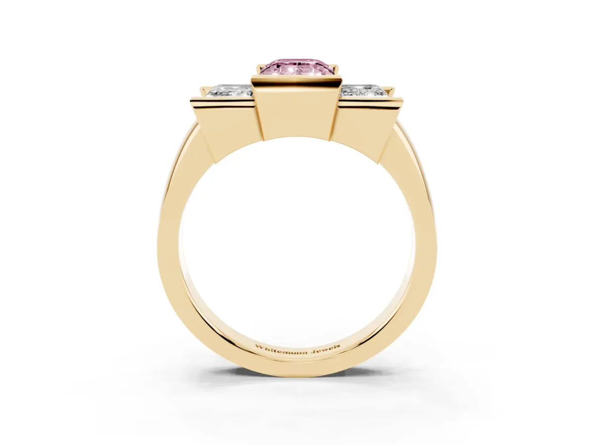 Fancy Pink Three Stone Emerald Cut Cut Channel Set Diamond Ring Yellow gold