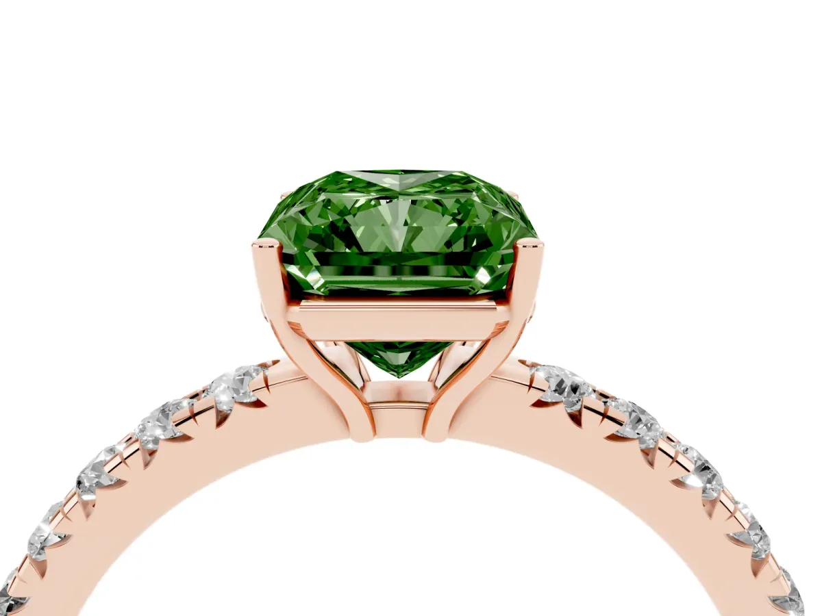 Fancy Green Radiant Cut Diamond Pavé Solitaire Engagement Ring with Four-Prong Setting Rose gold