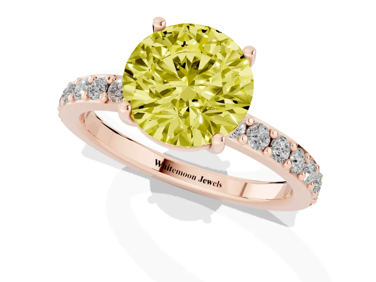 Fancy Yellow Round Cut Cut Diamond Solitaire with Pave Band and Four-Prong Setting Rose gold