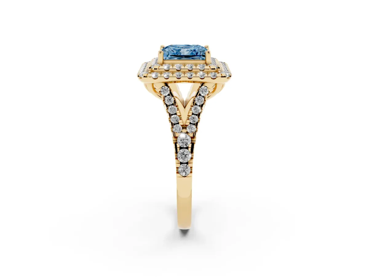 Fancy Blue Double Halo Princess Cut Diamond Pavé Split Shank Ring with Prong Setting Yellow gold