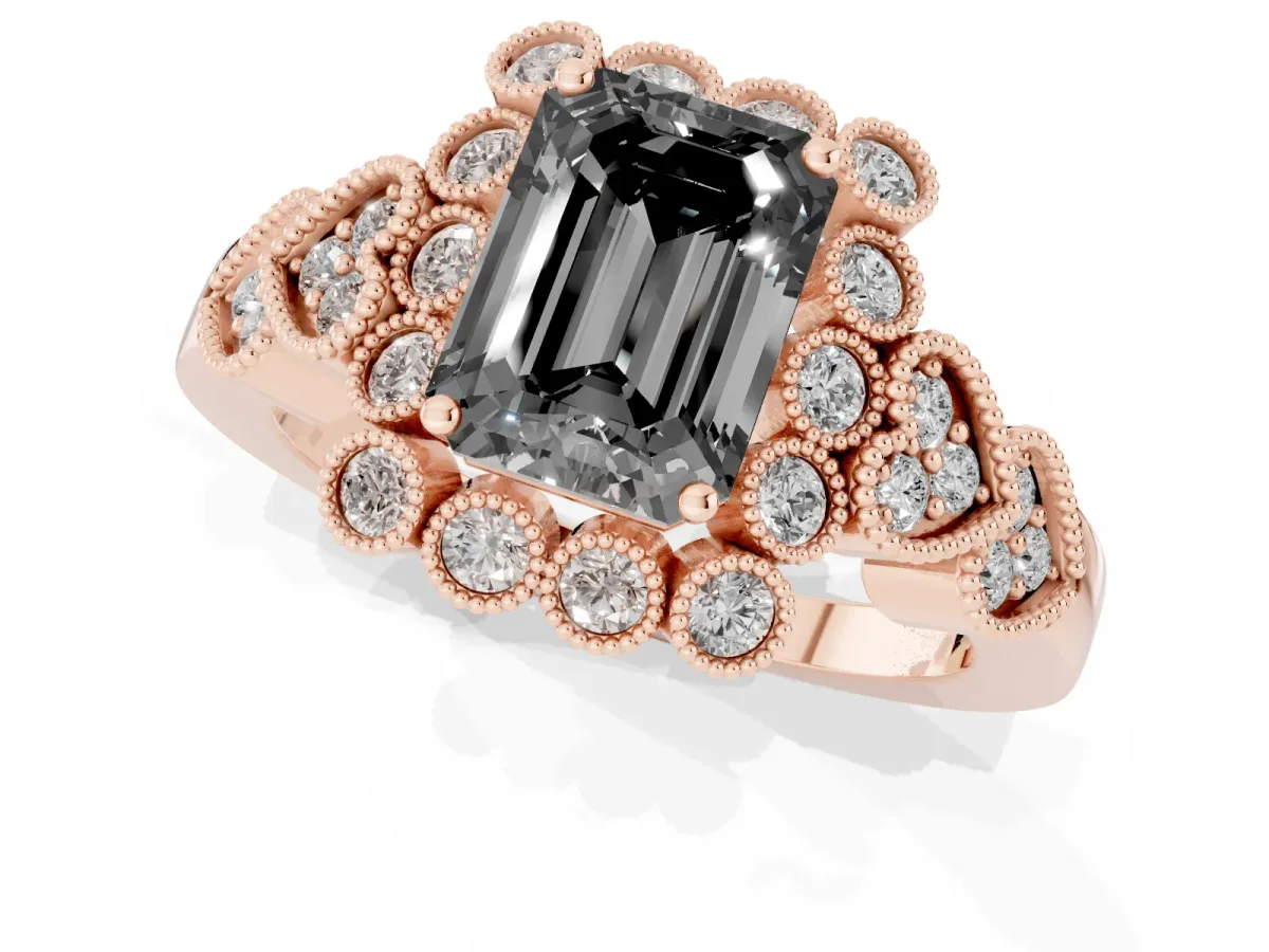 Fancy Black Emerald Cut Brilliant Milgrain Pave Heart Band Solitaire Ring Rose gold