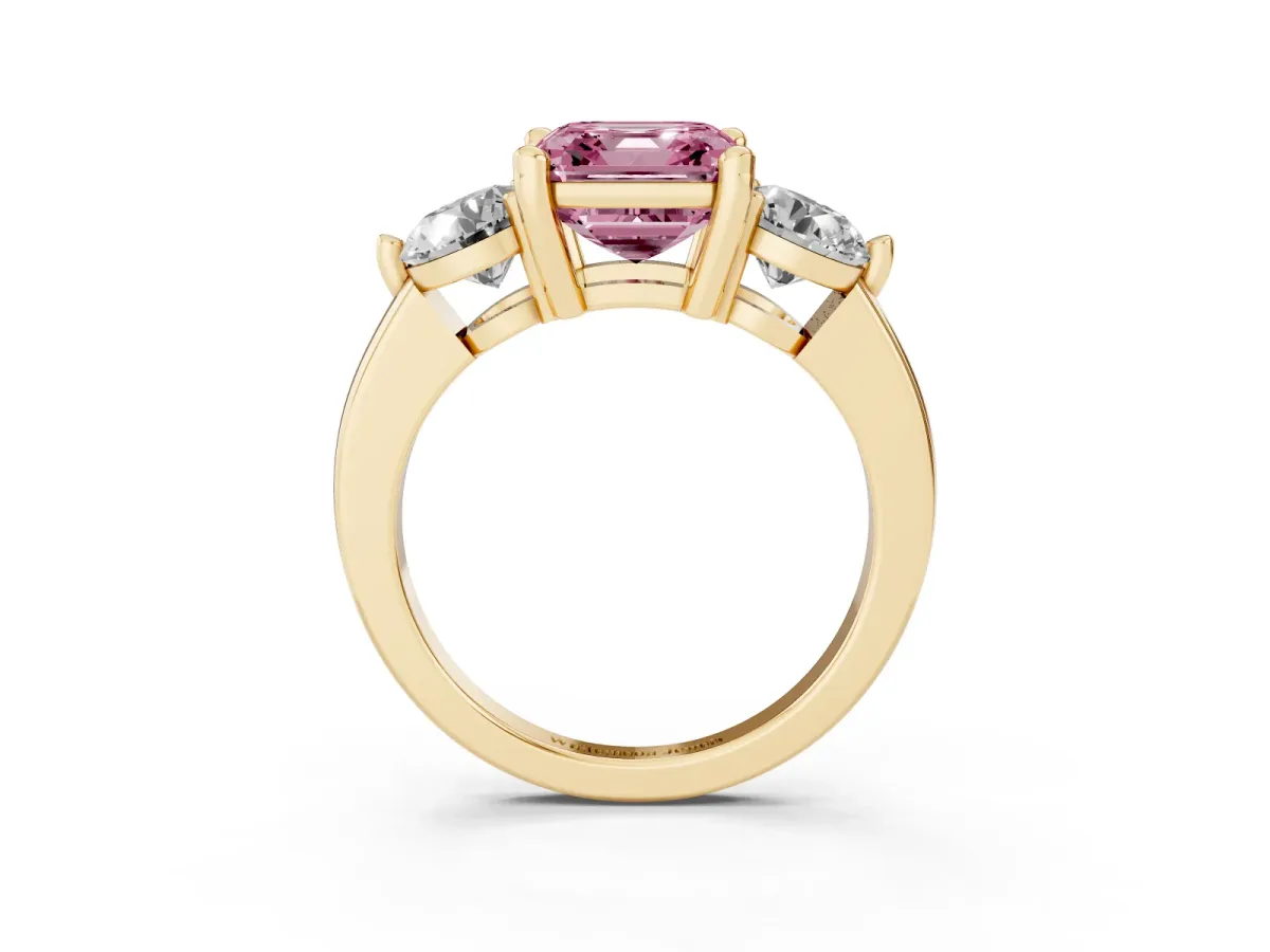 Fancy Pink Three-Stone Asscher Cut Brilliant Cut Solitaire Ring with Prong Setting on a Classic Band Yellow gold