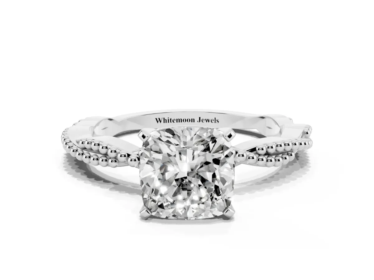 Cushion Cut Solitaire Twisted Band with Bead Prong Setting Platinum